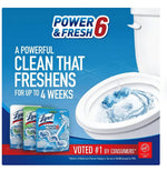 Lysol Power & Fresh promotional graphic with a toilet bowl visual and product pouches pictured at lower left