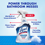 Lysol Power Bathroom Foamer bottle with infographic callouts listing cleaning benefits and 4-in-1 features