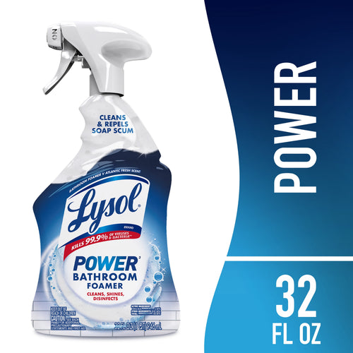 Lysol Power Bathroom Foamer spray bottle on white and blue background with 32 fl oz callout