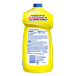 Back of a yellow Lysol Power Clean bottle showing directions, warnings and a 'makes up to 28 gallons' claim on a white background