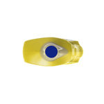 Overhead view focused on the blue screw cap of a yellow Lysol cleaner bottle and surrounding neck