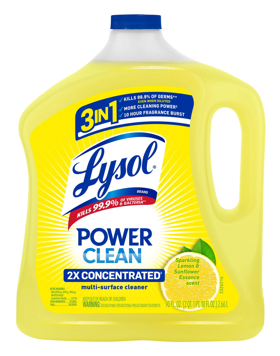 Front-facing yellow Lysol Power Clean bottle with label reading 3-in-1 and 2X concentrated