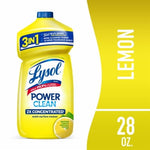 Bright yellow Lysol Power Clean concentrated lemon bottle with label and 28 oz callout on yellow panel