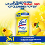 Lysol Power Clean concentrated lemon bottle with lemons and text claiming 'Makes up to 28 gallons' and 3-in-1 feature