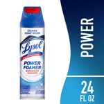 Front-facing Lysol Power Foamer bathroom cleaner aerosol can with blue cap and power graphic on white background.