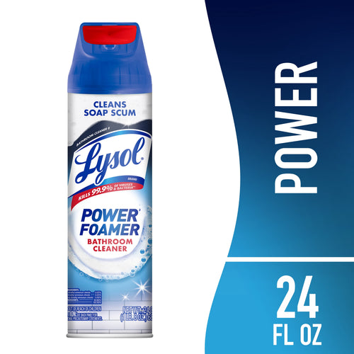 Front-facing Lysol Power Foamer bathroom cleaner aerosol can with blue cap and power graphic on white background.