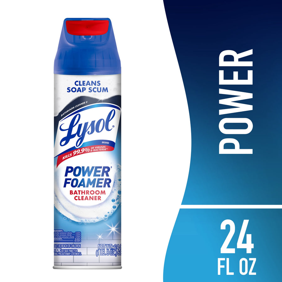 Front-facing Lysol Power Foamer bathroom cleaner aerosol can with blue cap and power graphic on white background.