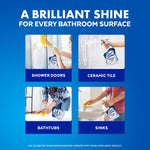 Four lifestyle panels illustrating Lysol Power cleaner used on shower doors, ceramic tile, bathtubs and sinks