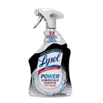 Isolated front product shot of a Lysol Power Limescale Remover spray bottle on white background showing label details