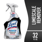 Front-facing Lysol Power Limescale Remover spray bottle with labeled logo and product badge on white and gray background