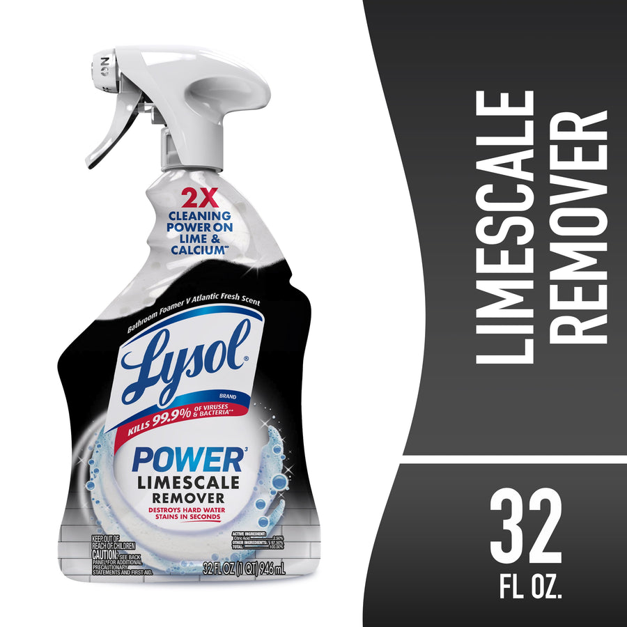 Front-facing Lysol Power Limescale Remover spray bottle with labeled logo and product badge on white and gray background