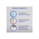 Informational graphic titled product benefits listing kills 99.9% of bacteria & viruses, powers through soap scum, and shines surfaces