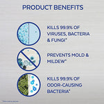 Infographic listing product benefits with icons: kills 99.9% of viruses, prevents mold and mildew, kills odor-causing bacteria