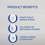 Product benefits panel listing fights toilet rings & stains, kills 99.9% of bacteria & viruses, and leaves a fresh scent with toilet illustrations