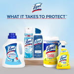 Assortment of Lysol cleaning products including disinfectant spray, wipes, air sanitizer and laundry sanitizer on a pale blue background with WHAT IT TAKES TO PROTECT headline