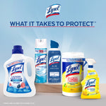 Product group shot of various Lysol cleaning products including a Lysol Laundry Sanitizer bottle under the header 'What It Takes To Protect'.