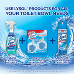 Promotional image showing three Lysol products including a spray, the in‑the‑bowl toilet cleaner pack, and a trigger bottle with descriptive text