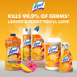 Assortment of Lysol Brand New Day products including sprays, wipes and cleaners on a yellow background with germ-kill claim