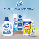 Group of various Lysol branded cleaning products displayed under the slogan ‘What it takes to protect’