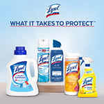 Collection of Lysol cleaning products including wipes, spray, sanitizer and laundry sanitizer with brand headline