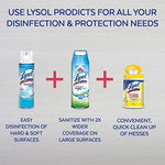 Graphic showing three Lysol products with plus signs and captions about disinfection, wider surface coverage, and quick clean up of messes