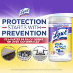 Lysol protection graphic with container and icons of surfaces highlighting elimination of germs on many surfaces