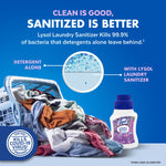 Infographic showing pile of laundry and Lysol bottle with comparison circle illustrating sanitized versus detergent alone