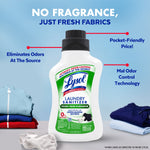 Lysol Laundry Sanitizer bottle on a light background with callouts highlighting odor elimination and mal odor control technology