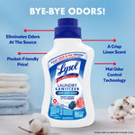 Close-up of Lysol Laundry Sanitizer bottle with callouts pointing to scent, odor elimination, and price notes.