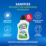 Lysol Laundry Sanitizer bottle centered on blue background with icons for killing bacteria, cold water use, and fabric safety