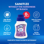 Lysol Laundry Sanitizer bottle on blue background with icons stating kills bacteria, safe for colors, and 0% bleach