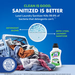 Pile of laundry and Lysol Laundry Sanitizer bottle with infographic comparing detergent alone to sanitizer effectiveness