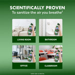 Four small photos showing Lysol can being sprayed in living room, bathroom, office and classroom with header 'Scientifically Proven'
