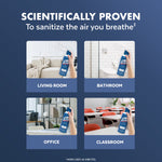 Graphic titled "Scientifically Proven" showing four small scene photos of using Lysol Air Sanitizer in living room, bathroom, office, classroom.