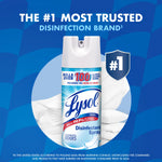 Single Lysol disinfectant spray can on blue background with badge proclaiming '#1 most trusted disinfection brand'