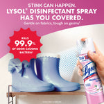 Hand spraying a Lysol can toward a pair of blue children's boots with a 'kills 99.9%' badge