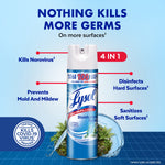 Lysol Disinfectant Spray can on a light blue background with callouts highlighting 4-in-1 benefits and COVID-19 testing badge.