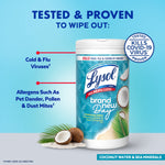 Lysol wipes canister with callouts listing viruses and allergens it wipes out, coconut imagery