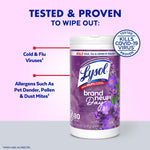 Lysol Brand New Day lavender disinfecting wipes tub with callouts noting it kills cold & flu viruses and allergens.