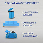 Graphic titled '3 great ways to protect' showing images of a trash can, blue couch, and duffel to illustrate disinfecting and deodorizing uses