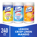 Three Lysol disinfecting wipe canisters in lemon, blue and mango-hibiscus designs with bold 240 ct. scent panel beneath