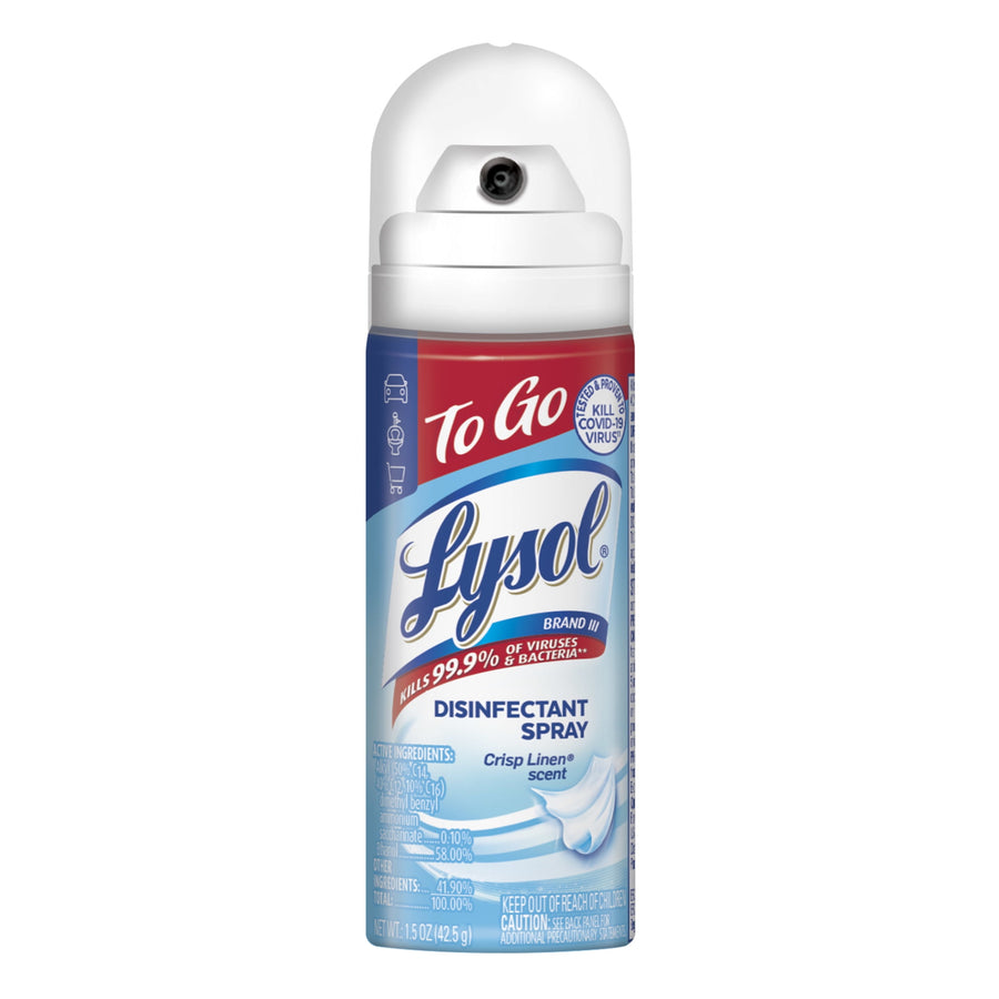 Front view of a Lysol To Go travel-size disinfectant spray can in Crisp Linen scent on white background.