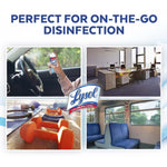 Collage lifestyle graphic showing handheld Lysol To Go spray, office, gym weights and transit seating with Lysol logo.