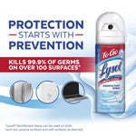 Promotional graphic with Lysol To Go can and text 'Protection starts with Prevention' plus icons of household surfaces.