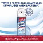 Lysol To Go spray can on stylized blue background with badge 'Kills COVID-19 virus' and claim text about eliminating viruses and bacteria.