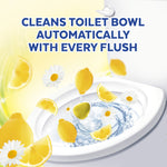 Illustration of a toilet bowl with a Lysol lemon-scented in-the-bowl cleaner attached and lemon imagery emphasizing cleaning action