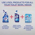 Instructional graphic showing three Lysol products with plus signs recommending clean, deep clean, and freshen steps for toilet bowl care