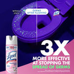 Split-toilet graphic showing germs after flushing with a Lysol can and '3X more effective' claim