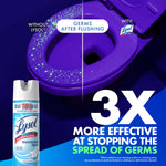 Split-image toilet bowl graphic showing germs after flushing versus with Lysol and a Lysol Crisp Linen spray can