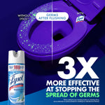 Graphic showing a toilet seat comparison and a Lysol spray can with text claiming three times more effectiveness at stopping germ spread.